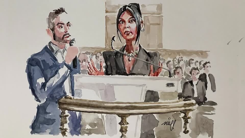 Court sketch shows Kim Kardashian testifying in Paris robbery trial (Photo credit: ZZIIGG)
