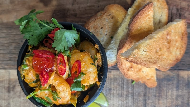 Trisha's lime and coconut prawns pil pil with chilli, garlic & crostini: Today