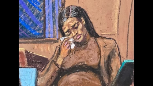 Court sketch of Casandra Ventura holding back tears as she testifies about the regular abuse from Sean 'Diddy' Combs