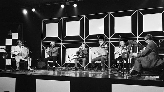 The Chieftains at the National Stadium in Dublin (1984). Photo by John Cooney.