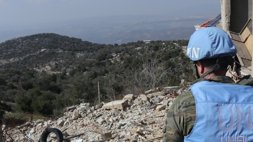 UNIFIL forces inspect the damage in the village of Kfar Shuba in southern Lebanon in February (file image)