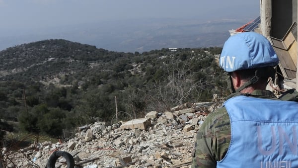 UNIFIL forces inspect the damage in the village of Kfar Shuba in southern Lebanon in February (file image)