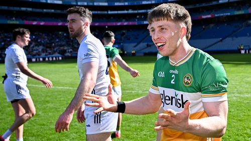 Offaly captain Lee Pearson celebrates victory in the Division 3 final against Kildare in March