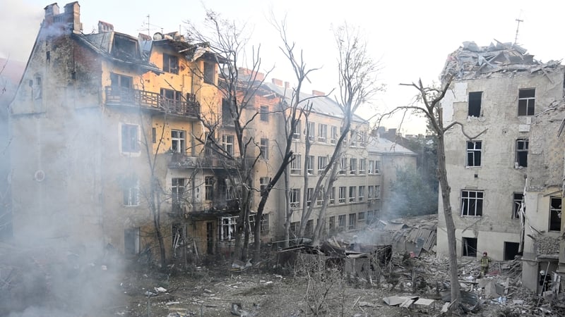 Damaged residential buildings following a missile attack in Lviv last year