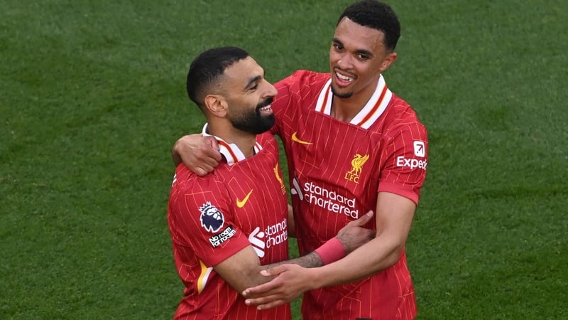 Mohamed Salah (L) and Trent Alexander-Arnold on the day Liverpool secured the 2024/25 Premier League title