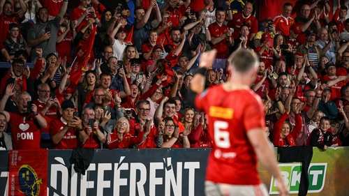 Peter O'Mahony salutes the Munster supporters after his final game for the province in his native Cork