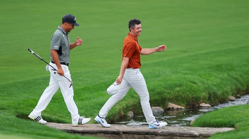 Rory McIlroy and playing partner Xander Schauffele during the second round at Quail Hollow