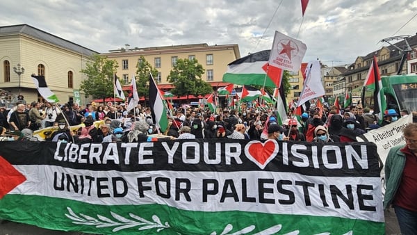 Protesters gather in Basel ahead of the Eurovision Song Contest Grand Final