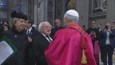 President Michael D Higgins and his wife, Sabina, meet Pope Leo XIV