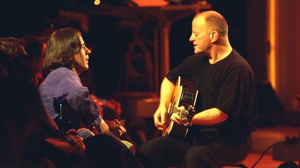 Luka Bloom (left) and Christy Moore, perform together on 'The Late Late Show' on 7 October 1994.