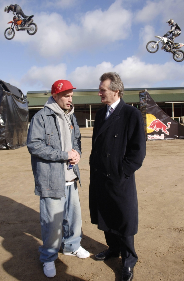 Lord Henry Mount Charles with Swedish stunt motorcyclist Fredrik Johansson, 2007. PA Images.