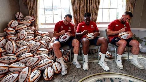 James Lowe (l), alongside Maro Itoje and Rónan Kelleher at the British and Irish Lions admin day on Sunday. Picture credit: British and Irish Lions/Inpho