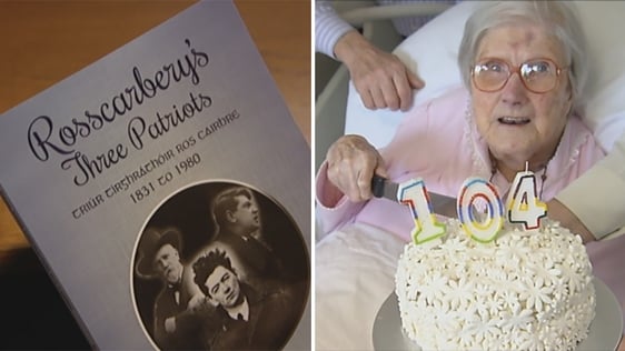 The cover of 'Roscarbery's Three Patriots' book and 104-year-old Hannah Muphy in 2015.