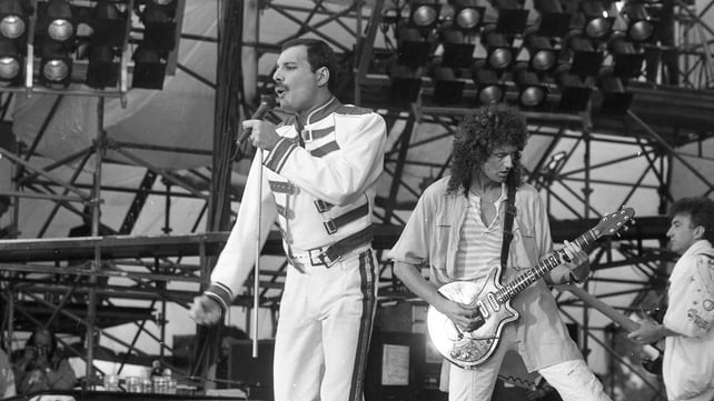 Queen at Slane Castle, (L-R: Freddie Mercury, Brian May and John Deacon), 1986. It was the band's final tour with Freddie Mercury as lead singer. Photo by Independent News And Media/Getty Images.