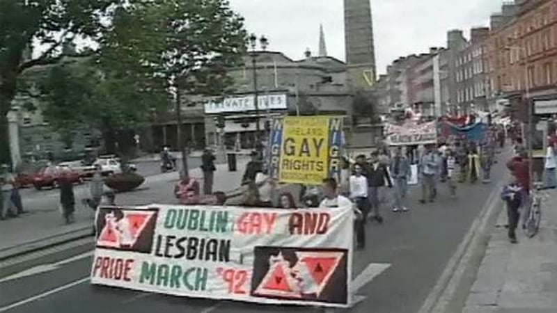 Dublin Gay and Lesbian Pride march 1992: 'The decade saw larger Pride marches each year, the foundation of Gay Community News and a formal visit by queer activists to Áras an Uachtaráin at the invitation of president Mary Robinson'. Photo: RTÉ