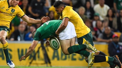 Pete Samu in action for the Wallabies against Ireland in the first Test of the 2018 series
