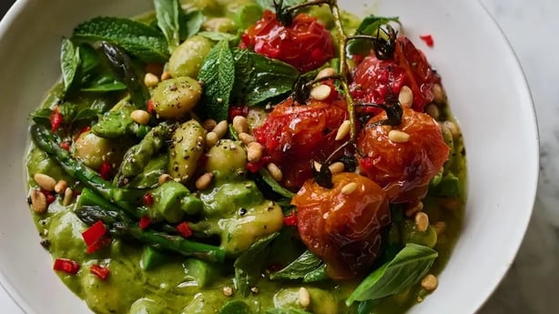 Natalia Rudin's pesto beans with roasted tomatoes