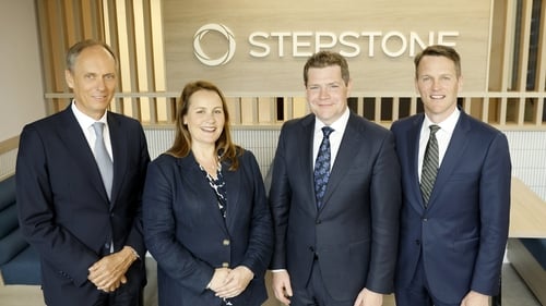 Marcel Schindler, Head of Private Debt, Stepstone Group, Maeve McConnon, Head of International Financial Services, IDA Ireland, Peter Burke, Minister of Enterprise, Tourism and Employment, David Allen, Partner and CEO Ireland, Stepstone Group.