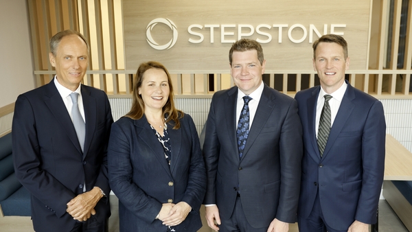 Marcel Schindler, Head of Private Debt, Stepstone Group, Maeve McConnon, Head of International Financial Services, IDA Ireland, Peter Burke, Minister of Enterprise, Tourism and Employment, David Allen, Partner and CEO Ireland, Stepstone Group.