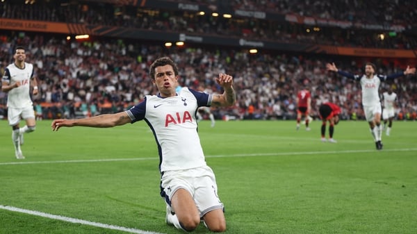 Tottenham Hotspur's Brennan Johnson celebrates scoring his side's first goal during the UEFA Europa League Final 2025 between Tottenham Hotspur and Manchester United at San Mames Stadium on May 21, 2025 in Bilbao, Spain.