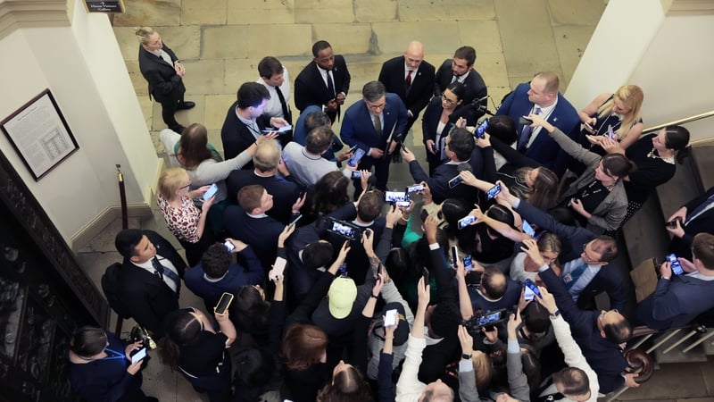 Speaker of the House Mike Johnson speaks to reporters after returning to the US Capitol Building following a meeting at the White House earlier this week