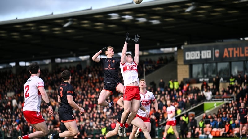 Conor Turbitt of Armagh (L) in action against Padraig McGrogan of Derry during the Allianz League clash between the sides on 23 March
