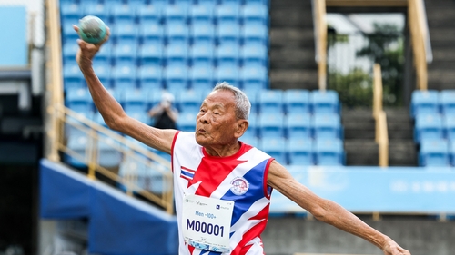 Thailand's Sawang Janpram competes during the men's shot put for the 100+age group at the World Masters Games