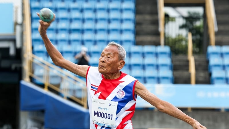 Thailand's Sawang Janpram competes during the men's shot put for the 100+age group at the World Masters Games