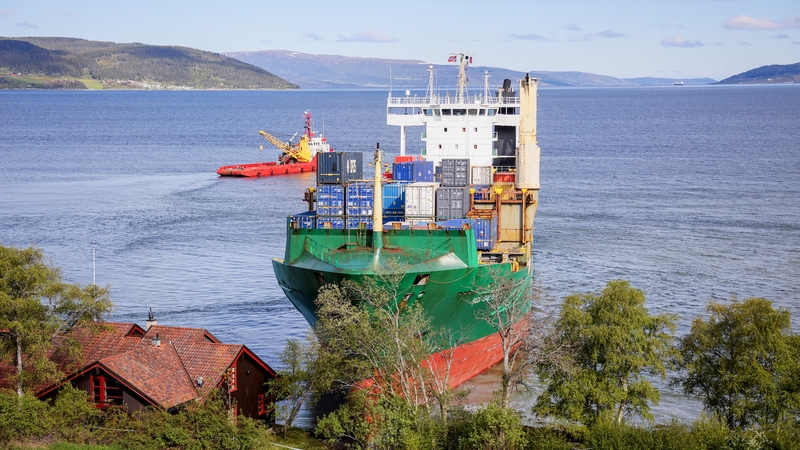 The 135m ship sailed up onto shore just metres from Johan Helberg's house in a fjord near Trondheim in central Norway