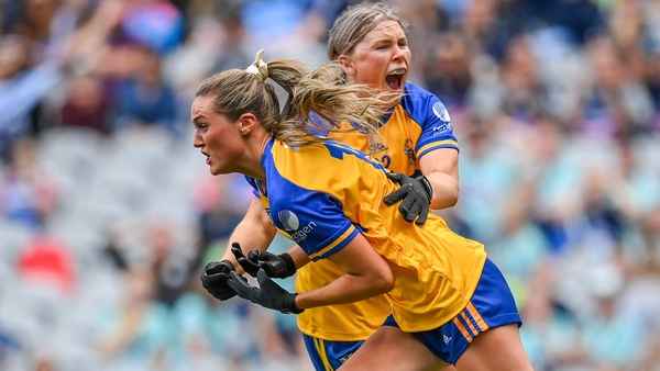 Megan Downes, right, and Clare team-mate Fidelma Marrinan celebrate a goal during the 2023 All-Ireland intermediate final