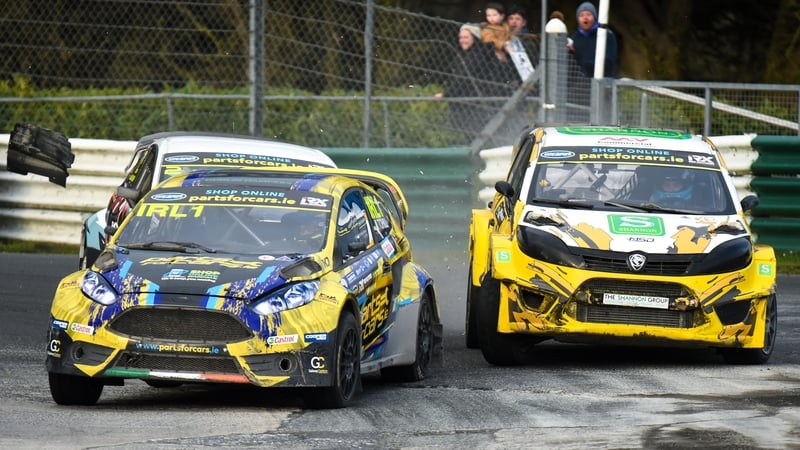 Derek Tohill, in his Ford Fiesta (L), ahead of Patrick O'Donovan, in his Proton Iriz during the 2023 PartsForCars.ie Irish Rallycross Championship