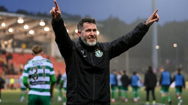 Shamrock Rovers manager Stephen Bradley celebrates after the SSE Airtricity Men's Premier Division match between Derry City and Shamrock Rovers at The Ryan McBride Brandywell Stadium in Derry.