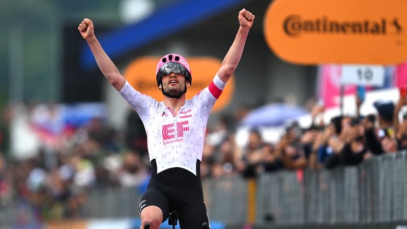 Kasper Asgreen celebrates at the finish line of the stage