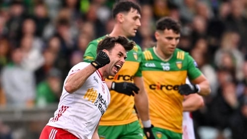 Darren McCurry of Tyrone celebrates a late score in Ballybofey