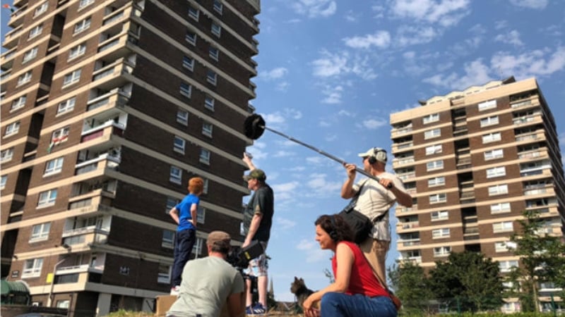 Director Alessandra Celesia (front right) filming The Flats in Belfast