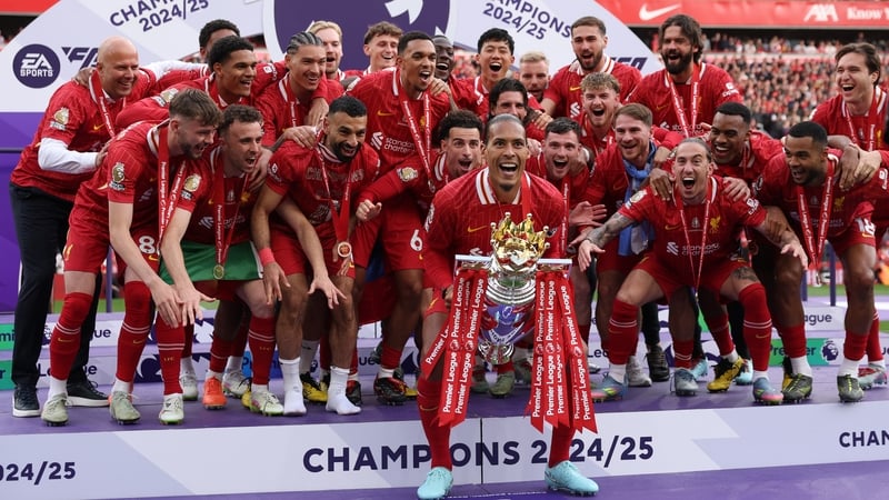 Liverpool captain Virgil van Dijk lifts the Premier League trophy