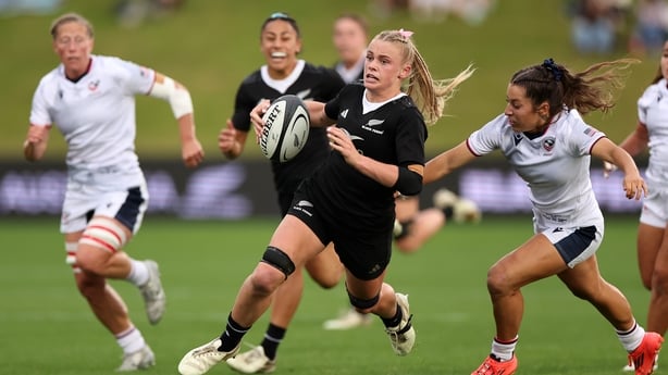 AUCKLAND, NEW ZEALAND - MAY 24: Jorja Miller of New Zealandin action (C) during the Pacific Four Series match between the New Zealand Black Ferns and USA at North Harbour Stadium on May 24, 2025 in Auckland, New Zealand. (Photo by Fiona Goodall/Getty Images)