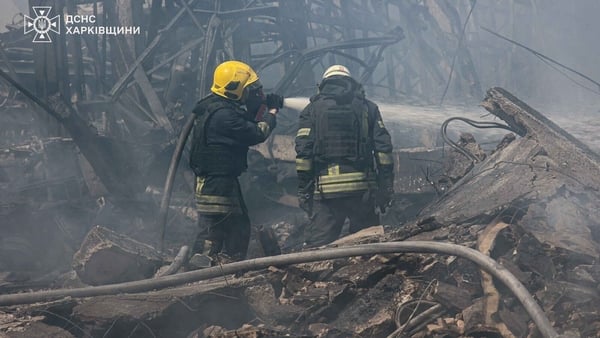KHARKIV, UKRAINE - MAY 27: (----EDITORIAL USE ONLY - MANDATORY CREDIT - 'UKRAINIAN STATE EMERGENCY SERVICE / HANDOUT' - NO MARKETING NO ADVERTISING CAMPAIGNS - DISTRIBUTED AS A SERVICE TO CLIENTS----) Rescuers try to extinguish a large-scale fire at a civ