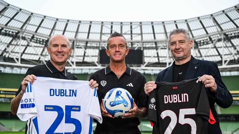 Former Leeds United players Tony Dorigo and Gary Kelly with former AC Milan forward Daniele Massaro at the Aviva Stadium today