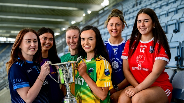 26 May 2025; In attendance at the Comórtas Peile na Gaeltachta 2025 National launch at Croke Park in Dublin, are, clockwise from left, Aisling Ní Aogáin of Na Gaeil Óga, Dublin, Labhraín Nic Aoidh of Bhulf Tón, Meath, Ali Sherlock of Clann na nGael, Meath