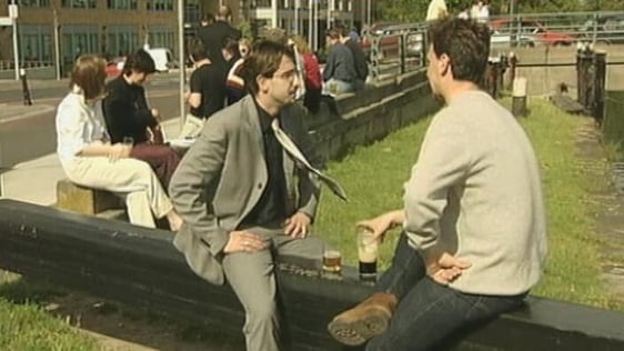 Enjoying a drink outside The Barge pub in Dublin (2000)