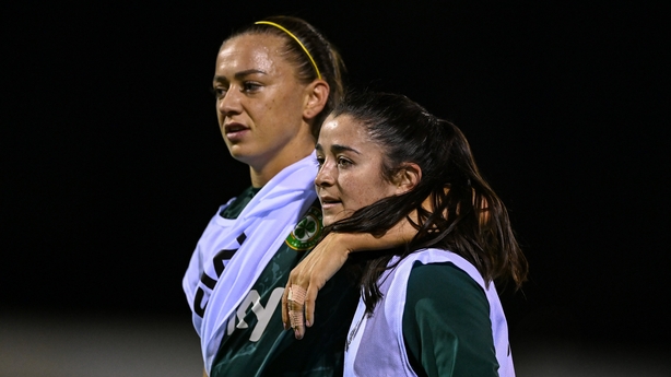 23 July 2023; Marissa Sheva and Katie McCabe, left, during a Republic of Ireland training session at Dorrien Gardens in Perth, Australia, ahead of their second Group B match of the FIFA Women's World Cup 2023, against Canada. Photo by Stephen McCarthy/Sportsfile