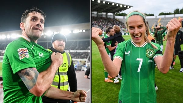 Robbie Brady after his goal against Finland and Julie Ann Russell after scoring versus France.