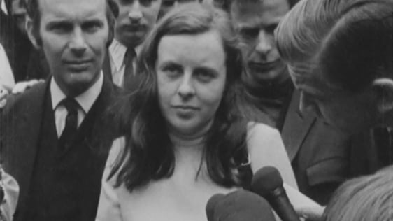 MP for Mid-Ulster Bernadette Devlin speaks to reporters outside Belfast High Court in 1970.