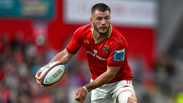 9 May 2025; Alex Nankivell of Munster is tackled by Jude Postlethwaite of Ulster during the United Rugby Championship match between Munster and Ulster at Thomond Park in Limerick. Photo by Brendan Moran/Sportsfile