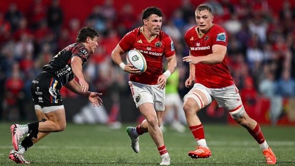 16 May 2025; Calvin Nash of Munster in action against Alessandro Garbisi of Benetton Treviso during the United Rugby Championship match between Munster and Benetton at Virgin Media Park in Cork. Photo by Brendan Moran/Sportsfile