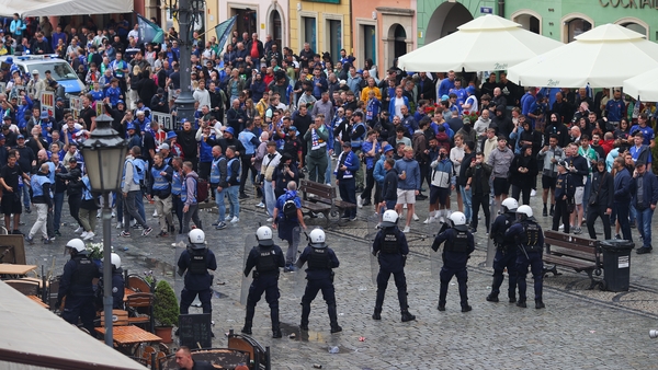 WROCLAW, POLAND - MAY 28: A general view of the old market square is seen as local police intervene to prevent fighting between Chelsea and Real Betis supporters ahead of the UEFA Conference League Final 2025 between Real Betis Balompié and Chelsea FC at