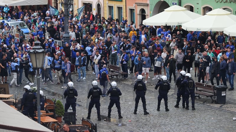 Police stepped in to separate Chelsea and Betis fans in Wroclaw's main square