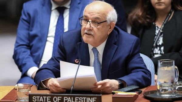 Palestinian Ambassador to the UN Riyad Mansour delivers a speech during a UN Security Council meeting to discuss the situation in Middle East at the UN headquarters in New York City on April 29, 2025. (Photo by CHARLY TRIBALLEAU / AFP) / “The erroneous me