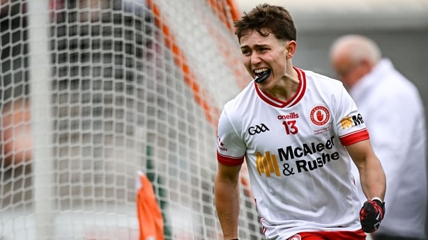 28 May 2025; Noah Grimes of Tyrone celebrates after scoring his side's first goal during the Dalata Hotel Group GAA Football All-Ireland U20 Championship final match between Louth and Tyrone at BOX-IT Athletic Grounds in Armagh. Photo by Seb Daly/Sportsfile